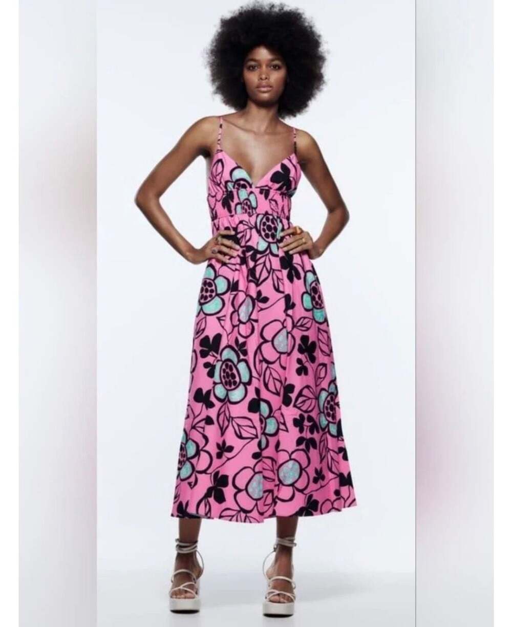 Zara Fuchsia Floral Poplin Midi V-Neck Dress Large